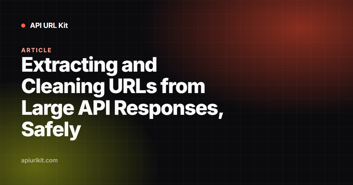 A large nested JSON payload on the left with escaped URLs, resolving into a clean filtered list on the right